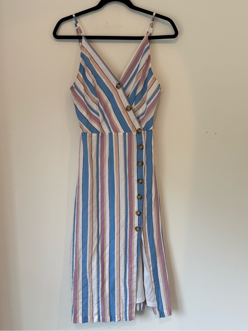 Striped V-Neck Midi Sundress in Blue, White & Pink